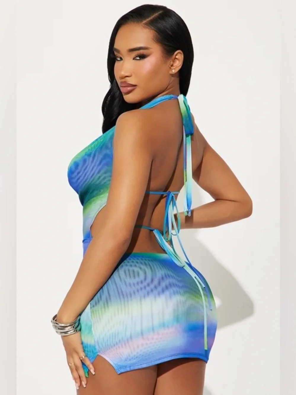 Fashion Nova Cowl Neck Blue Green Tie-Dye Mini Dress